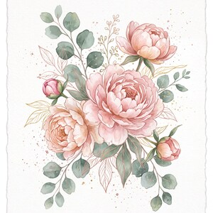 May include: A watercolour illustration of a floral bouquet featuring soft pink peonies in various stages of bloom, accented with muted green eucalyptus leaves and delicate gold-toned line art foliage, all set against a textured white paper background.