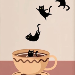 May include: A beige ceramic teacup with a dark brown wavy line pattern sits on a matching saucer. Inside the cup, a small black cat with yellow eyes is visible. Three additional black cats are depicted floating in the air above the teacup.