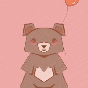 May include: A digital illustration of a brown bear with a light-coloured heart shape on its chest, pink cheeks, and large dark eyes. The bear is holding a thin string attached to a single orange balloon against a solid light pink background.