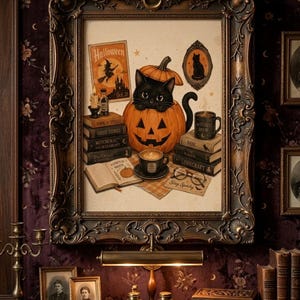 May include: A framed illustration featuring a black cat inside a carved jack-o'-lantern, surrounded by stacks of books, a coffee mug labelled Witches Brew, a candle, a small framed cat portrait, and a Halloween sign with a witch silhouette.