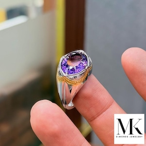 Certified Amethyst Men's Ring, Handcrafted Purple 925 Sterling Silver (MK Collection)