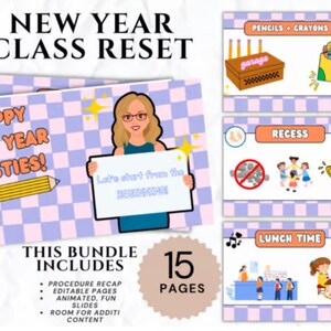 Puede incluir: Un paquete de recursos para el aula con temática de Año Nuevo. El diseño presenta a una mujer sosteniendo un letrero, el texto "Happy New Year Besties!" e ilustraciones para lápices, recreo y hora del almuerzo. El paquete incluye 15 páginas.
