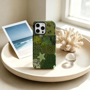 May include: A smartphone case featuring a collage of various shades of green, including patterns of insects, stars, spirals, and circular shapes. The design incorporates multiple textures and geometric segments in dark and light green tones.