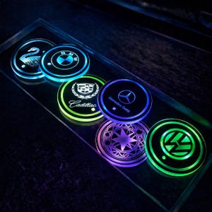 Custom LED car cup holder coaster – rgb ambient light, Illuminated Cup Coasters, Audi BMW Mercedes, USB Rechargeable Car Interior Decor 2pcs