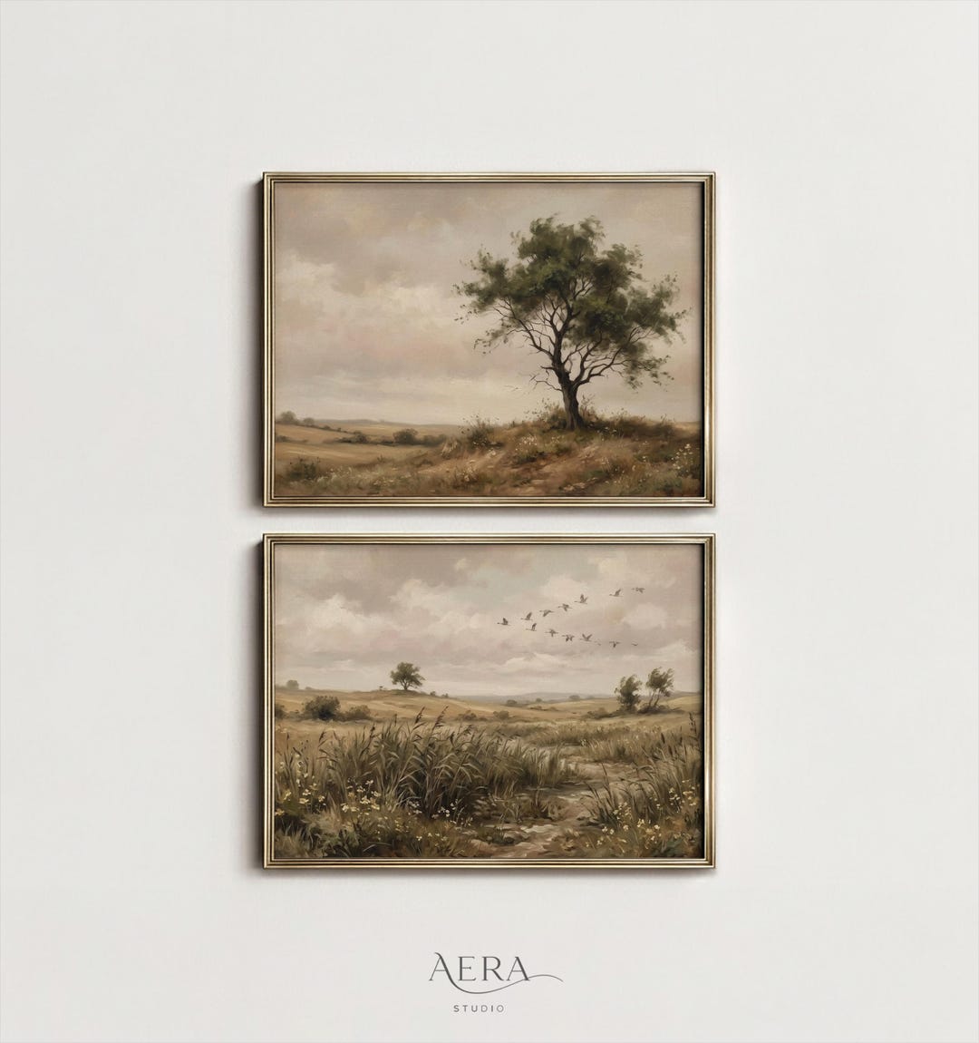 Vintage Landscape Wall Art Set of 2, Neutral Beige Countryside Prints ...