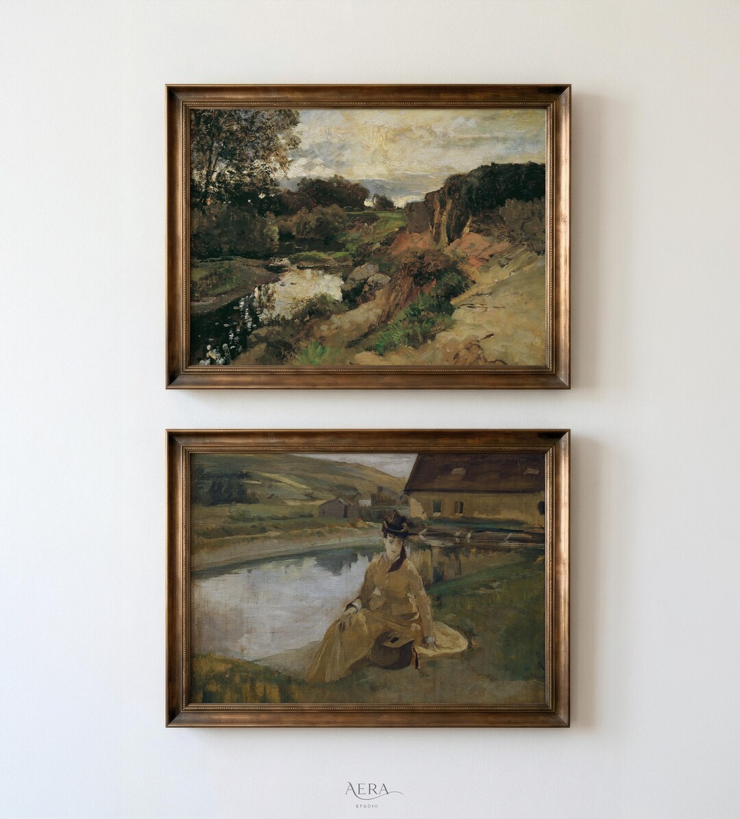 Vintage Landscape Wall Art Set of 2, Moody Countryside Oil Painting ...