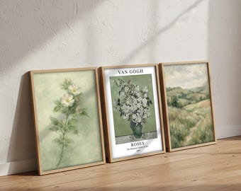 Sage Green Botanical Prints, Van Gogh Style Landscape Art (Digital Download)