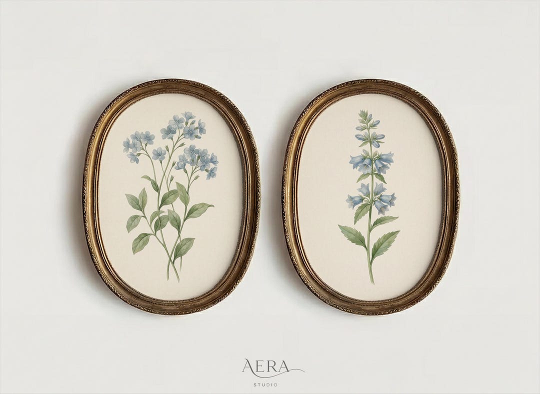 Blue Botanical Wall Art Set of 2, Vintage Floral Prints, Antique ...