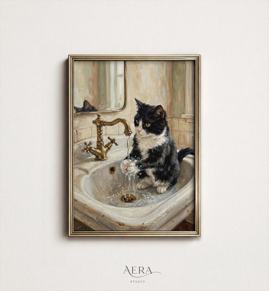 Funny Cat Bathroom Wall Art Print, Vintage Style Black and White Cat in ...