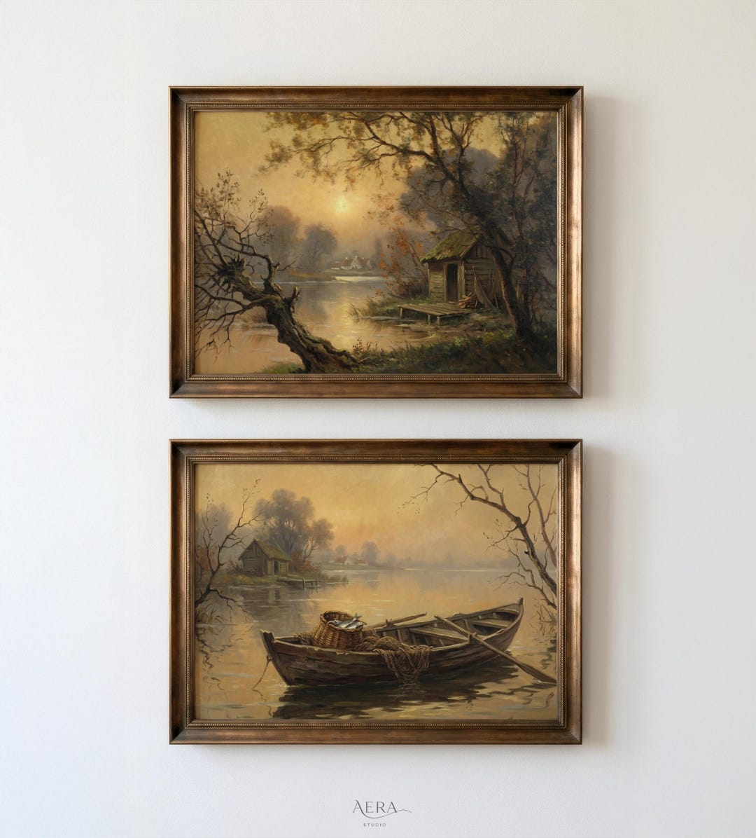 Vintage Lake Landscape Wall Art Set of 2, Rustic Cabin & Boat Print ...