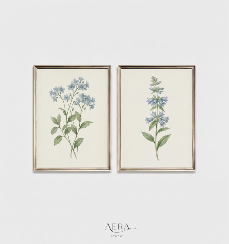 Blue Botanical Wall Art Set of 2, Vintage Floral Prints, Antique ...