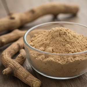 May include: A clear glass bowl filled with light brown powder, likely a spice or supplement, sits on a wooden surface. Several pieces of dried, light brown root are scattered around the bowl, suggesting a natural product.