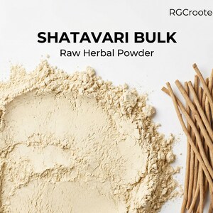 May include: A close-up of Shatavari Bulk Raw Herbal Powder. The image shows a pile of light beige powder and a bundle of thin, brown sticks. The text "SHATAVARI BULK" and "Raw Herbal Powder" is displayed in black font.