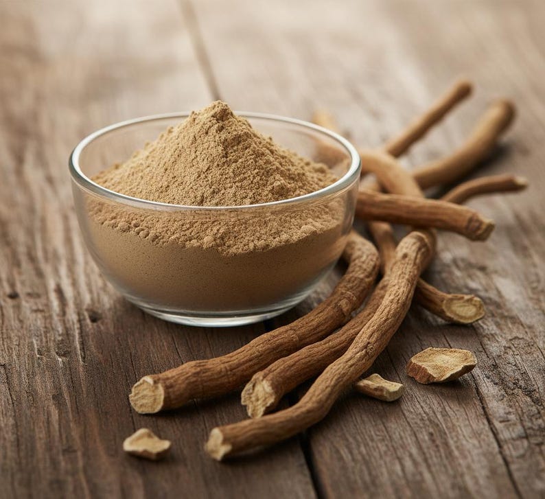 May include: A clear glass bowl filled with light brown powder sits on a wooden surface, alongside several brown, dried roots. The roots are of varying lengths and textures. The background is a rustic wooden table.