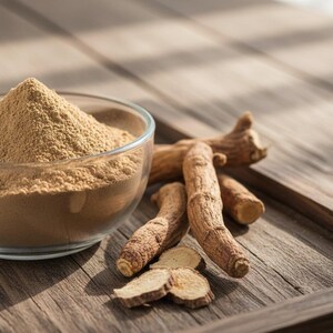 May include: A clear glass bowl filled with light brown powder sits next to several pieces of brown root and sliced root pieces on a wooden surface. The powder is finely ground, and the roots have a textured appearance.