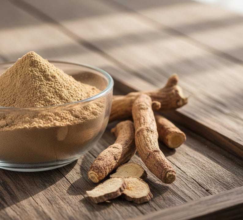 May include: A clear glass bowl filled with light brown powder sits next to several pieces of brown root and sliced root pieces on a wooden surface. The powder is finely ground, and the roots have a textured appearance.