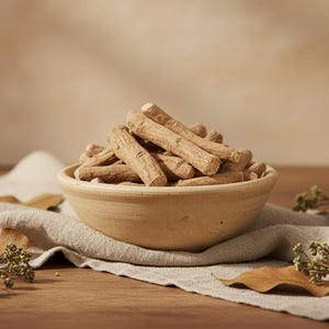 Könnte beinhalten: Eine hellbraune Keramikschale gefüllt mit zahlreichen hellbraunen, stäbchenartigen Gegenständen. Die Schale steht auf einem beigen Leinentuch, mit getrockneten Blättern und Zweigen mit Grünzeug verstreut. Der Hintergrund ist verschwommen und neutral.