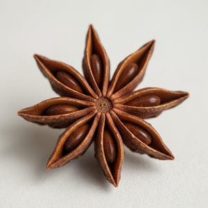 Close-up of a single whole star anise pod, highlighting its detailed star-shaped form and warm brown color