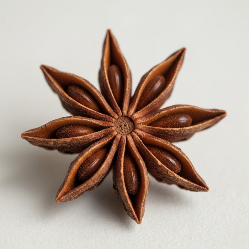 Close-up of a single whole star anise pod, highlighting its detailed star-shaped form and warm brown color