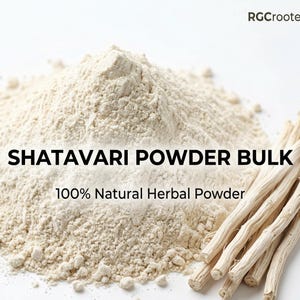 May include: A close-up of beige Shatavari powder with the text "SHATAVARI POWDER BULK" and "100% Natural Herbal Powder". Several light brown Shatavari sticks are on the right. The logo "RGCrooted" is in the top right corner.