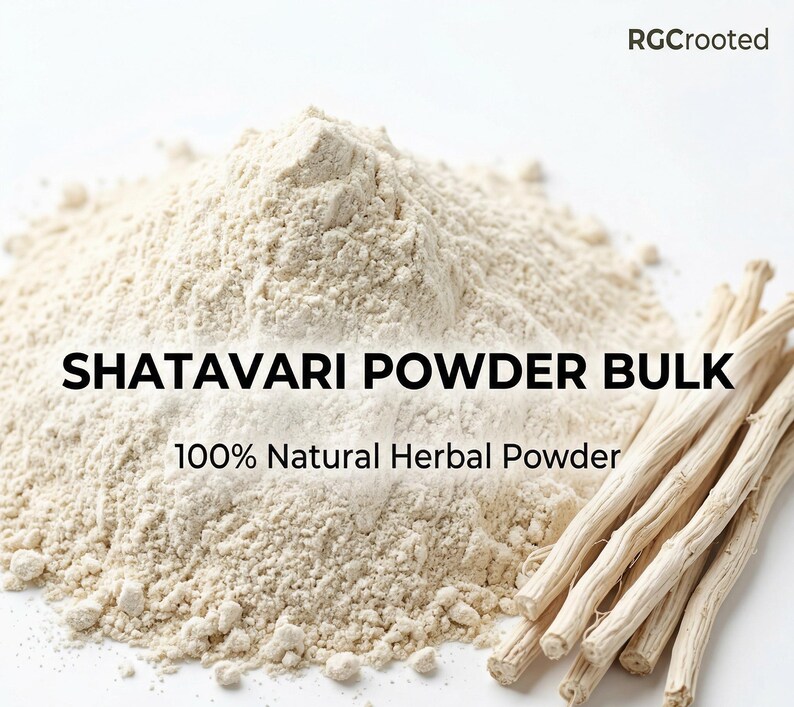 May include: A close-up of beige Shatavari powder with the text "SHATAVARI POWDER BULK" and "100% Natural Herbal Powder". Several light brown Shatavari sticks are on the right. The logo "RGCrooted" is in the top right corner.
