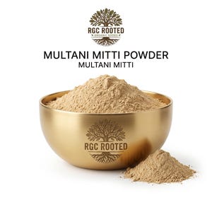 May include: A gold-toned metal bowl filled with fine, light brown Multani Mitti powder. The bowl features the RGC ROOTED logo. Text above reads RGC ROOTED ORGANIC GOODS, MULTANI MITTI POWDER, and MULTANI MITTI. A small pile of the powder sits beside the bowl.