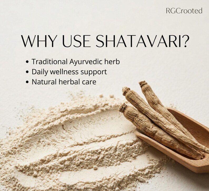 May include: An image with the text "WHY USE SHATAVARI?" and bullet points listing benefits. Shatavari roots are in a wooden scoop, beside a pile of light-coloured powder. The background is a neutral tone.