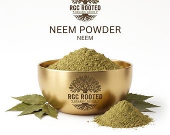 May include: A gold-toned bowl filled with fine green neem powder, featuring the RGC ROOTED ORGANIC GOODS tree logo. The text NEEM POWDER NEEM appears above the bowl, which is surrounded by fresh green neem leaves and a small pile of powder.