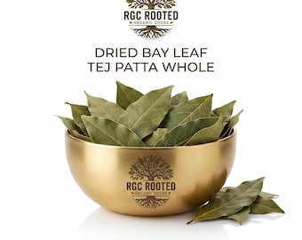 May include: A gold-toned metal bowl filled with whole dried bay leaves, labeled with the RGC Rooted Organic Goods tree logo. The text above the bowl reads DRIED BAY LEAF TEJ PATTA WHOLE. A few loose dried bay leaves rest beside the bowl.