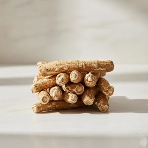 May include: A stack of light brown, dried root pieces. The pieces are cylindrical with textured surfaces and visible end sections. The roots are stacked on a white surface, with soft lighting.