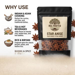Star anise in a black pouch, highlighting uses in Indian and Asian cooking, tea and beverages, and baking and recipes