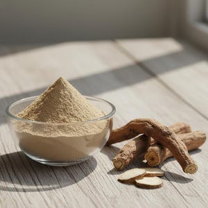 May include: A clear glass bowl filled with a light brown powder sits next to several pieces of dried, brown root and a few slices of the same root. The items are on a light-colored wooden surface.