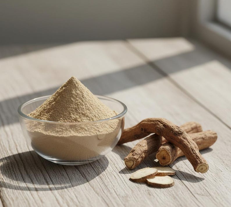 May include: A clear glass bowl filled with a light brown powder sits next to several pieces of dried, brown root and a few slices of the same root. The items are on a light-colored wooden surface.