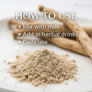 May include: A white plate holds a mound of light brown powder and several long, brown sticks. The image includes text: "HOW TO USE", with instructions to mix with milk, add to herbal drinks, and use daily.