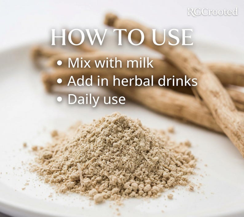 May include: A white plate holds a mound of light brown powder and several long, brown sticks. The image includes text: "HOW TO USE", with instructions to mix with milk, add to herbal drinks, and use daily.