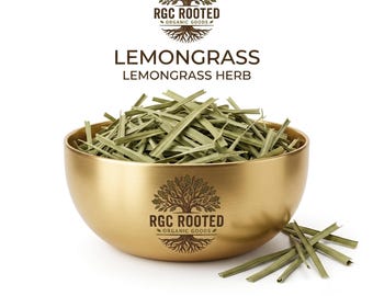May include: A gold-toned metal bowl filled with dried green lemongrass stalks. The bowl features the RGC ROOTED ORGANIC GOODS logo, which is also printed above the bowl along with the text LEMONGRASS LEMONGRASS HERB. A few loose stalks lie nearby.