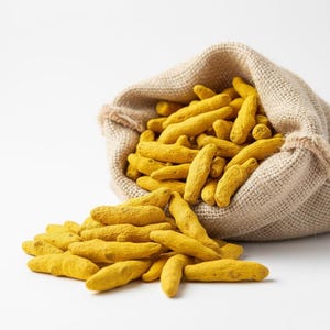 Puede incluir: Un saco de yute rebosante de raíces de cúrcuma de color amarillo brillante, algunas de las cuales se derraman sobre una superficie blanca. La cúrcuma tiene un aspecto texturizado y es de color amarillo vibrante.