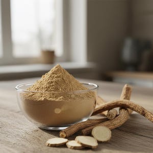 May include: A clear glass bowl filled with light brown powder, likely a spice or supplement, sits on a wooden surface.  Several pieces of a root and sliced pieces of the same root are arranged around the bowl. The background is blurred.