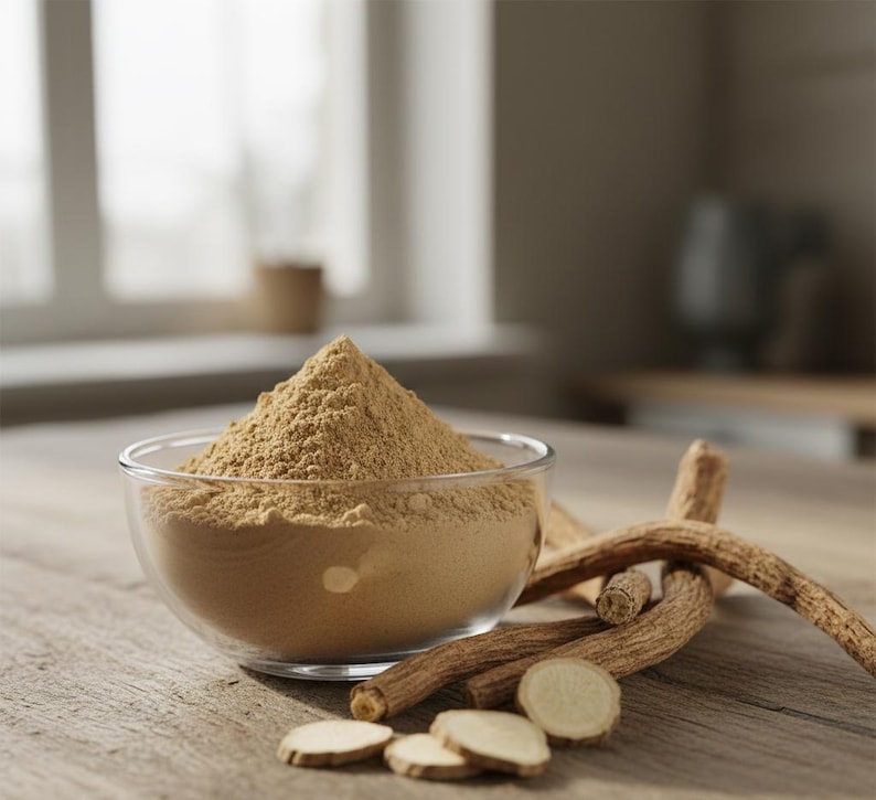 May include: A clear glass bowl filled with light brown powder, likely a spice or supplement, sits on a wooden surface.  Several pieces of a root and sliced pieces of the same root are arranged around the bowl. The background is blurred.