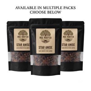 Star anise available in multiple packs, several black pouches containing whole star anise pods arranged together