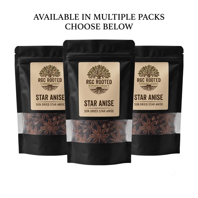 Star anise available in multiple packs, several black pouches containing whole star anise pods arranged together