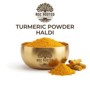 May include: A gold-toned metal bowl filled with bright yellow turmeric powder, labelled RGC ROOTED ORGANIC GOODS. The text TURMERIC POWDER HALDI appears above the bowl. Beside the bowl sits a small pile of powder and two raw turmeric roots.