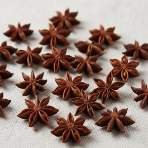 Whole star anise pods arranged together on a light surface, showing their natural dark brown color and star shape