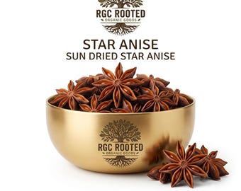 May include: A gold-colored metal bowl filled with brown, star-shaped dried star anise pods. The bowl features the RGC ROOTED ORGANIC GOODS logo. Above the bowl, the text reads STAR ANISE SUN DRIED STAR ANISE with the same tree logo above it.