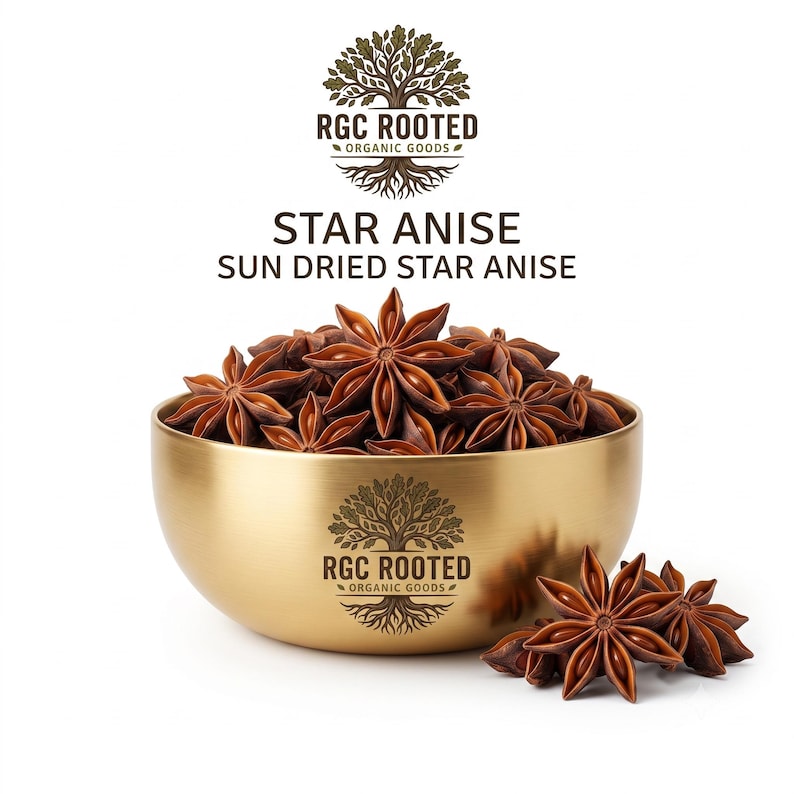Star anise, whole sun-dried star anise pods displayed in a brass bowl with loose pods on a white background