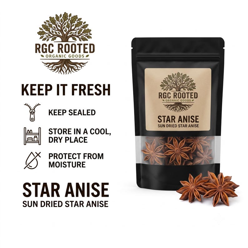 Star anise in a black pouch with storage instructions, showing whole sun-dried star anise pods