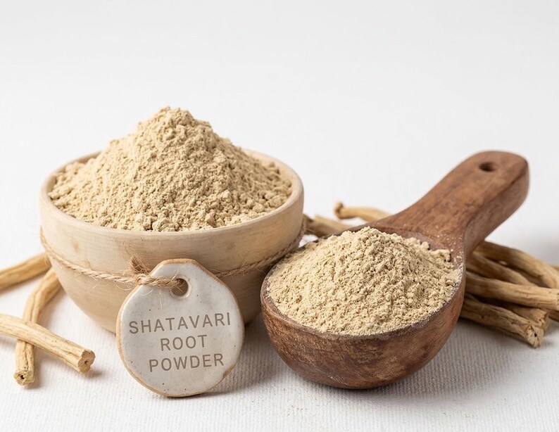 Może przedstawiać: Jasnobrązowy proszek z napisem "SHATAVARI ROOT POWDER" w małej drewnianej misce i drewnianej łyżce. Kilka kawałk&oacute;w suszonego korzenia jest rozrzuconych wok&oacute;ł miski i łyżki. Proszek ma drobną konsystencję.