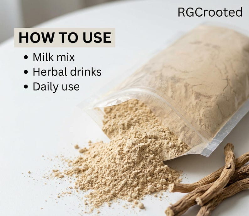 May include: A transparent pouch of beige powder, with some spilled onto a white surface. The text "HOW TO USE" is above bullet points listing "Milk mix", "Herbal drinks", and "Daily use". Dried roots are in the foreground. The text "RGCrooted" is in the upper right.