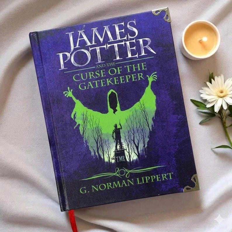 May include: A hardcover book titled James Potter and the Curse of the Gatekeeper by G. Norman Lippert. The cover is deep purple with a green silhouette of a figure and a central statue on a pedestal labeled TMR, featuring silver corner accents.