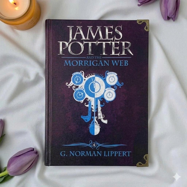 May include: A hardcover book titled James Potter and the Morrigan Web by G. Norman Lippert. The dark purple cover features silver text and a central graphic of blue clock faces and ornate shapes. The book has gold-toned metal corner protectors.